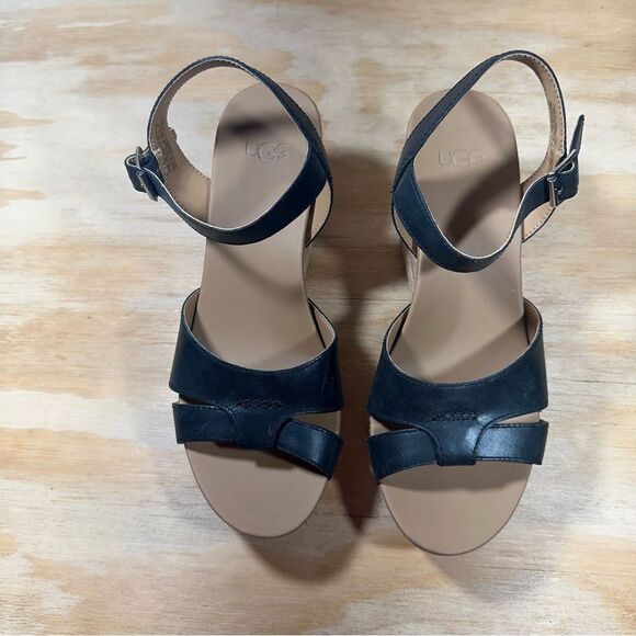 UGG Black Leather Wedge Sandals Women’s Size 6.5 - Picture 2 of 8